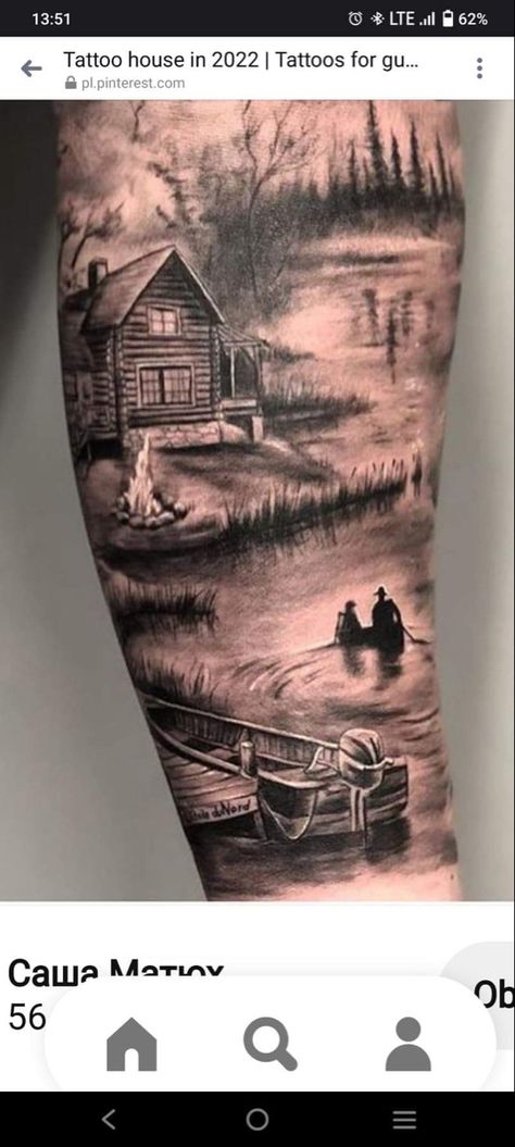 Mountain Cabin Tattoo, Outdoorsman Tattoo, Cabin Tattoo, Deer Hunting Tattoos, Mountain Sleeve Tattoo, American Flag Forearm Tattoo, Hunting Fishing Tattoo, Fishing Tattoos, Camping Tattoo