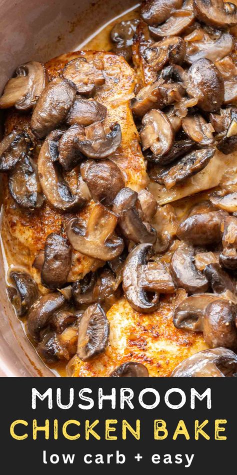 This Mushroom Chicken is a family favorite! Seasoned chicken breasts are smothered in a creamy mushroom sauce and baked until they are tender and juicy! This recipe is naturally low-carb, but it can be enjoyed over pasta, rice, or mashed potatoes if desired! Mushroom Chicken Bake, Baked Chicken And Mushrooms, Mushroom Recipes Healthy, Baked Mushrooms, Chicken Mushroom Recipes, Pasta Rice, Seasoned Chicken, Creamy Mushroom Sauce, Chicken Bake