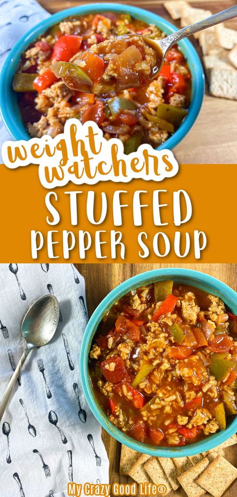 This Weight Watchers Stuffed Pepper Soup is a family friendly WW recipe! You're going to love this easy Weight Watchers Crock Pot Recipe. Stovetop and Instant Pot directions too. 1 Blue Point | 2… 0 Point Soups Weight Watcher Recipes, Instapot Weight Watchers Recipes, Simple Ww Dinners, Ww Zero Point Crockpot Recipes, Ww Recipes Crockpot, Ww Crockpot Soup Recipes, Ww Crockpot Soup, 5 Point Ww Meals, Weight Watchers Crockpot Soup