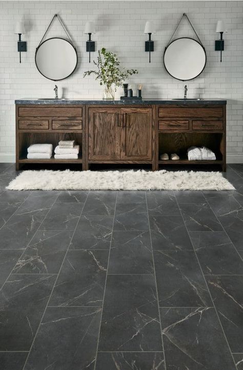 Bathroom vinyl tile flooring that's waterproof, stain resistant, dent proof. Looks like soapstone floors. #bathroom #flooring #vinyl #tile #marble #design #interior Vinyl Tile Flooring Bathroom, Mannington Adura, Bathroom Vinyl, Luxury Vinyl Tile Flooring, Vinyl Tile Flooring, Resilient Flooring, Flooring Trends, Downstairs Bathroom, Tile Flooring