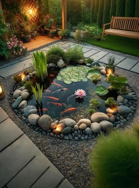 Diy Backyard Zen Garden, Japanese Garden Ideas Diy Small Spaces, Japanese Zen Garden Landscaping, Diy Ponds Backyard, Koi Pond Design, Kolam Koi, Dream Backyard Garden, Fish Pond Gardens, Garden Pond Design