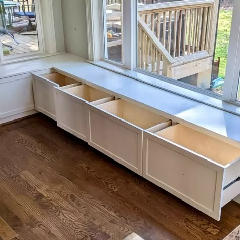 Window Bench with Drawers | Built-Ins, Cabinetry ... (Project Name) Built In Sitting Bench With Storage, Cabinets With Bench Seating, Built In Bench Seating Sunroom, Cabinetry Around Window, Window Seat Straight Wall, Seat Bench With Storage, Built In Bookshelf With Bench, Window Seat Drawers, Mushroom Built Ins