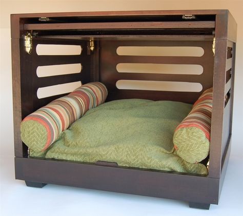 I love this cute multi-colored designer dog crate. My puppy would love curling up in this adorable little bed. I love the colored, cylinder pillows. Luxury Dog Furniture, Decorative Dog Crates, Dog Vet, Custom Dog Crate, Luxury Dog Kennels, Dog Kennel Designs, Diy Dog Crate, Wooden Dog Crate, Crate Bed