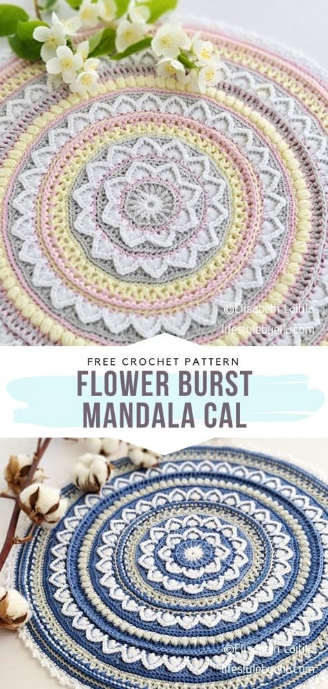 Flower Burst Mandala CAL Free Crochet Pattern Are you ready for a flower burst? Obviously! This is a precious, very versatile crochet pattern for a classic mandala. #crochetmandala #freecrochetpattern Crochet Mandela Patterns, Mandala Doily Crochet Pattern, Crochet Doily Rug Pattern Free, Crochet Mandala Free Pattern Blanket, Crocheted Doily Patterns Free, Crochet Circle Rug Pattern Free, Mandela Crochet, Free Crochet Mandala Blanket Pattern, Crochet Mandala Afghan