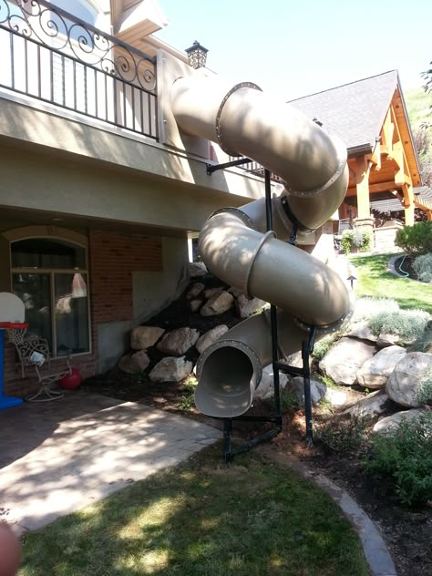 Component Playgrounds makes AWESOME custom tube slides!! Send the kids off your deck in a fun way Tube Slide Off Deck, Slide On Deck, Slide From Deck To Yard, Slide Off Of Deck, Slide From Deck, Slide Off Deck, Deck With Slide, Magical Backyard, Deck Slide