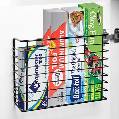 Wall Cupboard Mounted Adhesive Kitchen Storage Basket - Black Powder Coating | DIY at B&Q Spice Rack Cupboard, Kitchen Foil, Study Storage, Kitchen Cupboard Storage, Wall Cupboard, Kitchen Basket Storage, Door Organizer, Tin Foil, Kitchen Storage Rack