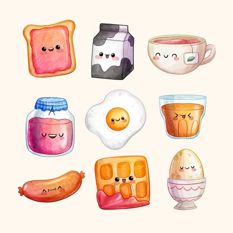 Free Vector | Watercolor kawaii food set Cute Food Art Stickers, Cute Kawaii Food Sticker, Cute Illustration Food, Cute Food Illustration Kawaii, Cute Cartoon Food Drawings, Food Characters Illustration, Kawaii Food Art Drawing, Cute Food Art Drawing Illustrations, Cute Food Drawings Cartoons