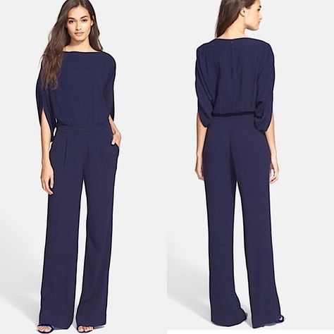 Nwt Diane Von Furstenberg Dezi Boat Neck Woven Jumpsuit Midnight Size 6 Tiny Flaw At Neck...Appears To Be A Factory Weaving Flaw Dressy Yet Relaxed Half Draped Sleeves With Slits Blouson Top Wide Leg Pants With High Waist And Pleats Slash Pockets Loose Fit Side Zip And Snap Closure Back Button Keyhole Color Is Midnight (Navy Blue) Some Photos Have Been Lightened To Show Details Viscose Dry Clean Size 6 Waist 14.5” Mtx-Bnd-P Mydc Jumpsuit, Event, Party, Dressy, Relaxed, Navy Blue, Designer, Minim Neutral Jumpsuit, Target Jumpsuit, Black White Jumpsuit, Draped Sleeves, Blouson Top, Silk Romper, Drape Sleeves, Lace Jumpsuit, Long Romper