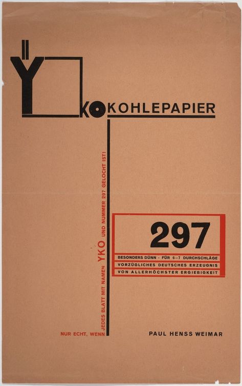 Joost Schmidt. YKO Kohlepapier. c. 1926 | MoMA Joost Schmidt, Folio Layout, Swiss School, Joseph Muller, Jan Tschichold, School Graphic Design, El Lissitzky, Joseph Albers, Herbert Bayer