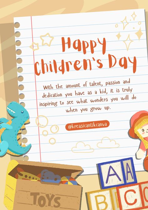 👉CLICK THE LINK TO EDIT!💻✨   Let's celebrate the joy and innocence of childhood with our charming Canva template for World Children's Day! This poster design captures the spirit of fun and imagination, perfect for spreading smiles and warmth on this special occasion. Whether you're organizing a community event, fundraiser, or simply want to share a message of love and support for children worldwide. #WorldChildrensDay #CanvaDesign #PosterTemplate   👣 Follow us too! 🌟 @kreasicantikcanva Childrensday Posters, Happy Children's Day Poster Design, Children Day Poster Design, Childrens Day Poster, Childrens Day Poster Design, Happy Childrens Day Poster, World Children's Day, Book Exhibition, Children's Day Poster