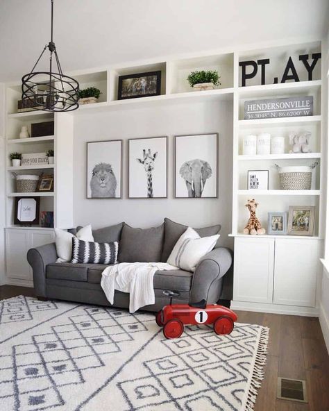 Playroom Guest Room Combo, Gray Playroom, Playroom/guest Room, Farmhouse Playroom, White Shelving Unit, Drawings Of Animals, Grandkids Room, Black And White Drawings, Neutral Farmhouse