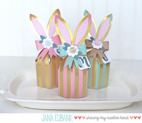 Easter Bunny Treat Boxes - Scrapbook.com Cardboard Crafts Kids, Easter Bunny Treats, Origami Gift Box, Easter Arts And Crafts, Bunny Treats, Easter Craft Decorations, Cricut Cartridges, Echo Park Paper, Easter Parade