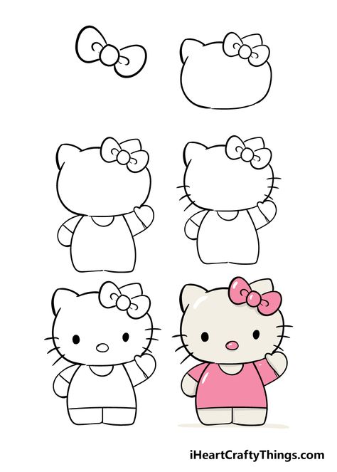 Step By Step Hello Kitty Drawing, How To Hello Kitty, How To Draw Hello Kitty Face, How To Draw A Hello Kitty, Hello Kitty Tutorial To Draw, Draw By Step, Animals To Draw Step By Step, Stuff To Draw Step By Step, How To Draw A Character Step By Step