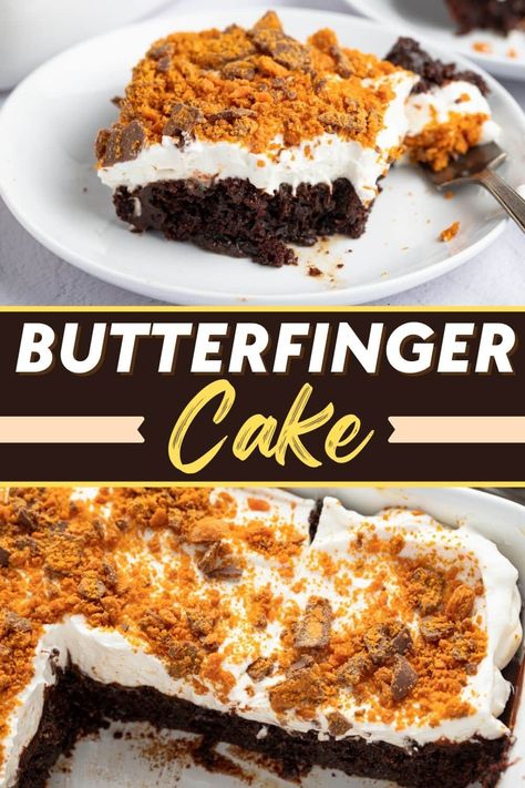 This Butterfinger poke cake is an easy dessert the family will love. With devil's food cake, hot fudge, caramel, and Butterfingers, it's to die for! Butterfinger Poke Cake, Butterfinger Cake Recipe, Butter Finger Dessert, Butterfinger Cake, Fudge Caramel, Fudge Dessert, Devil's Food Cake, Devils Food Cake, Peanut Butter Cake