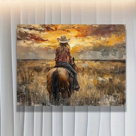 Western Cowgirl Horseback Canvas Art Print Oil Painting - Temu Rustic Western Living Room, Dark Brown Horse, Western Living Room, Creative Wall Decor, Landscape Wall Decor, Brown Horse, Hur Man Målar, Unframed Wall Art, Cow Girl