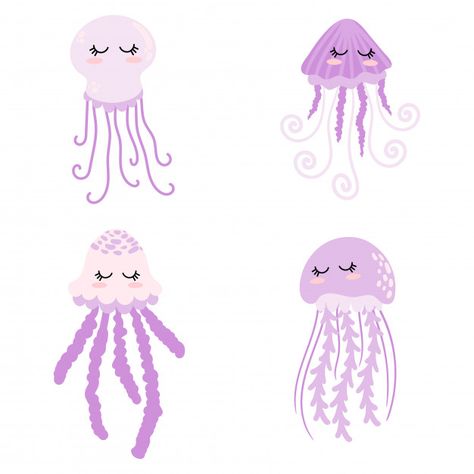 Jelly Fish Cartoon, Jellyfish Jewelry, Jellyfish Illustration, Fish Cartoon, Sheep Cartoon, Sea Jellies, Jellyfish Tattoo, Logo Design Set, Jellyfish Art