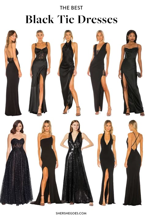 black-tie-event-dresses Wedding Black Dress Guest, Black Tie Birthday Party Attire, Black Formal Wedding Attire, Wedding Black Tie Dress Guest, Make Up For Black Dresses, Black Guest Wedding Dress, Women’s Black Tie Attire, Black Event Dress, Wedding Guest Black Tie Dress