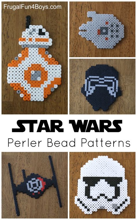 Here are some Perler bead patterns to make featuring characters from Star Wars The Force Awakens. If you’re not familiar with Perler beads, they are little plastic beads that you use to build designs and then fuse them together with an iron.  We bought some last summer, and the boys love them!  Great fine motor … Star Wars Perler Bead Patterns, Star Wars Crafts, Star Wars Bb8, Star Kids, Fuse Bead Patterns, Art Perle, 8bit Art, Perler Crafts, Star Wars The Force Awakens