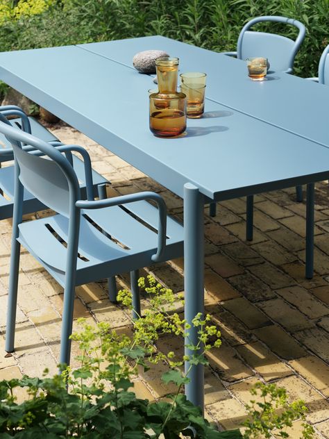 Linear Steel Table | Elegant and Modern Outdoor Design Steel Outdoor Table, Upstate House, Terrace Table, Blue Outdoor Furniture, Terrace Ideas, Steel Bench, Small Bench, Front Street, Design Career