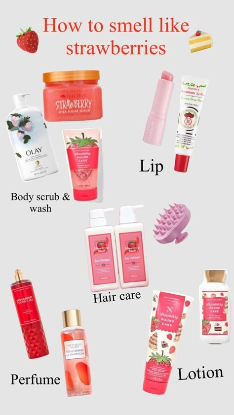 Smelling Like Strawberry, Best Combo To Smell Good Strawberry, Strawberry Bath Products, Products To Smell Like Strawberry, How To Smell Like Strawberries And Roses, Smelling Like Strawberries, Strawberry Shower Products, Scent Combos Strawberry, Strawberry Self Care Products