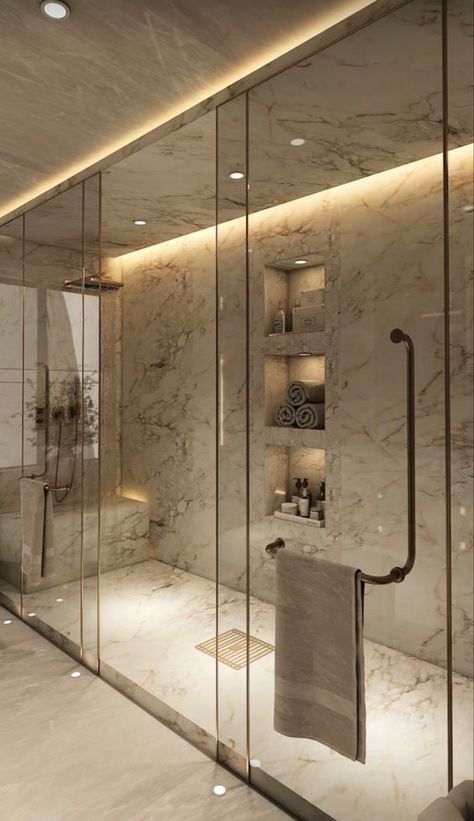 Modern Luxury Shower Ideas, Luxury Large Bathroom, Modern House Design Interior Bathroom, Bathroom Design Plan, Luxury His And Hers Bathroom, Rich Modern Bathroom, Modern Aesthetic Interior Design, Big Shower Bathroom, Bathroom Design Two Sinks