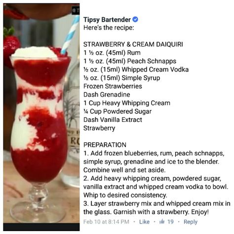 Strawberry & Cream Daiquiri Strawberry Daiquiri Recipe, Party Beverages, Frozen Daiquiri, Whipped Cream Vodka, Daiquiri Recipe, Baileys Recipes, Strawberry And Cream, Yummy Alcoholic Drinks, Tipsy Bartender