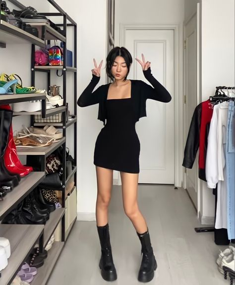 Bodycon And Boots, Korea Clubbing Outfit, How To Style Black Mini Dress, Casual Black Mini Dress Outfit, Black Body Con Dress Outfit, Short Black Dress With Boots, Black Mini Dress And Cardigan Outfit, Black Mini Dress With White Button Up, Bodycon Dress With Cardigan