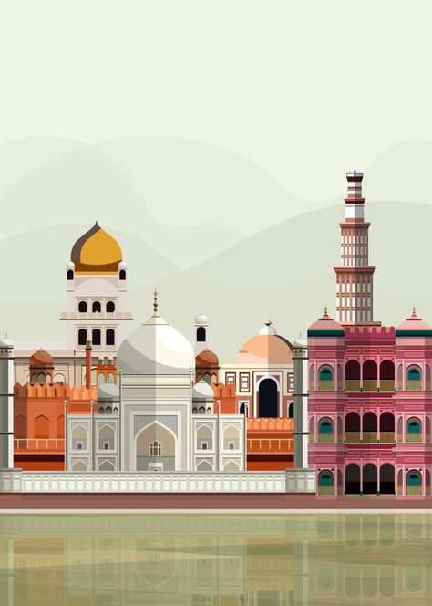 Illustration of indian landmarks | Free Vector #Freepik #freevector #city #building #house #art Indian Architecture Illustration, Indian Landmarks, Indian Monuments, Cocktail Book Design, Couple Illustration Wedding, Qutub Minar, Modern Indian Art, About India, Indian Illustration