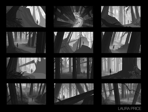 Sequence Illustration, Laura Price, Storyboard Examples, Forest Drawing, Environment Painting, Aesthetic Objects, Animation Storyboard, Bg Design, Landscape Concept