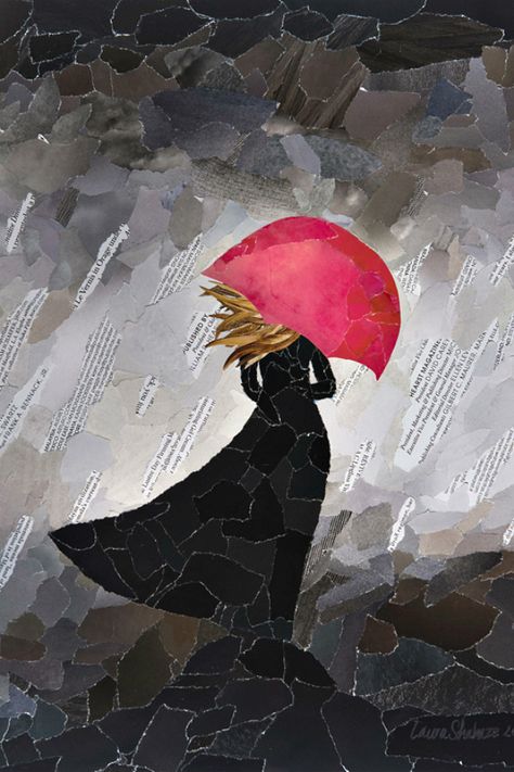 Torn paper collage, Red Umbrella, is included in a round up of collages by Laura Shabazz #collage Paper Art For Kids, Torn Paper Art, Torn Paper Collage, Paper Mosaic, Art Du Collage, Collage Art Projects, Umbrella Art, Paper Collage Art, Paper Scraps