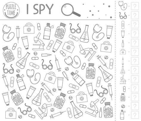 Medical outline I spy game for kids. Healthcare themed searching and coloring activity for preschool children with cute elements. Funny health check game for kids. Logical quiz worksheet. Hospital Activities, Spy Games For Kids, Activity For Preschool, Health Humor, I Spy Games, Spy Games, Christmas Phone Wallpaper, Coloring Activity, Educational Games For Kids