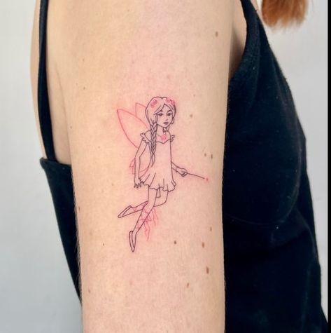 fairy fine line minimal tattoo with pink ink accents Fairy Arm Tattoo, Line Arm Tattoo, Fine Line Arm Tattoo, Red Fairy, Pink Tattoo, Fine Line, Arm Tattoo, Geometric Tattoo, Ruby