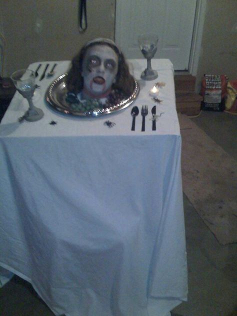 Scary head on platter costume Halloween Scary House Ideas, Head On Platter Costume, Scary House Ideas, Head On A Platter Costume, Hunted House Ideas Scary, Wheelchair Halloween Costumes, Head On A Platter, Cupcake Halloween Costumes, Halloween Carnival Games