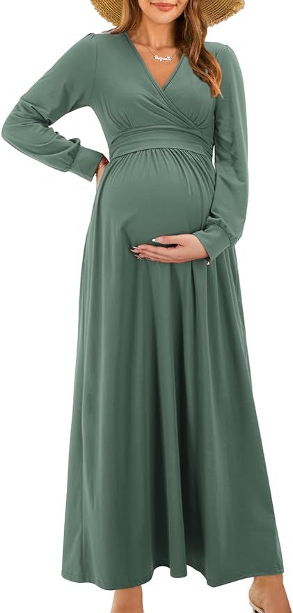 The wrap v neck maxi dress is made of 65%Polyester, 30%Cotton, 5%Spandex which is breathable enough for mom. Suitable for the Fall and Winter season. Casual solid color maternity nursing maxi dress features empire waist, long sleeve, deep v-neckline and smooth look The chic maxi dress is not only for breastfeeding, baby shower, take maternity photography, but also for daily wear, wedding guest, friends gatherings, vacation and so on. Maternity Dresses Winter, Dresses For Photoshoot, Fall Maternity Dress, Nursing Maxi Dress, Chic Maxi Dress, Pregnancy Dresses, Breastfeeding Baby, Maternity Dresses For Baby Shower, V Neck Maxi Dress