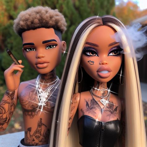 #bratz #bratzzilla #bratzaestics #bratzedit #baddie #couple #smoke #tattoo #piercings #makeup #nails #jewlrey #photoedit #edit #Ai #picsart #pinterest #instagram Bratz Couple, Toxic Tiktok, Dream Doll Aesthetic, Gangster Princess, Chucky And His Bride, Sonic Pfp, Art Y2k, Black Bratz Doll, Mommy And Baby Pictures