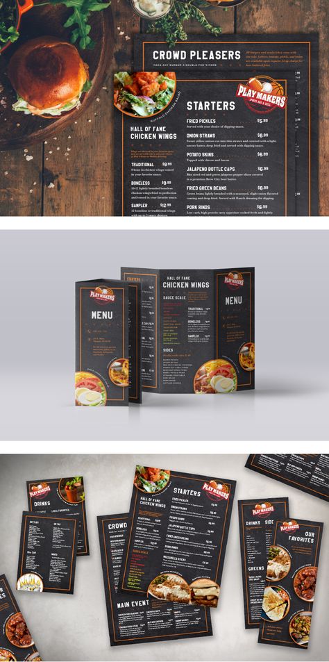 A menu design style for a sports bar & grill, adapted to be used on a main menu, drink menu, favorites menu, and take-out menu.  #graphicdesign #restaurant #sportsbar #menudesign #marketing #branding Grill Menu Design, Menu Design Layout, Menu Drink, Menu Design Inspiration, Design Grill, Take Out Menu, Menue Design, Grilling Menu, Food Menu Template