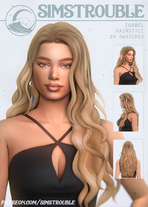 Isabel Hairstyle (4 Versions) by simstrouble | Patreon Wavy Hair Sims 4, Sims 4 Cc Hair Wavy, Wavy Hair Sims 4 Cc, Sims 4 Cc Wavy Hair, Sims 4 Wavy Hair Cc, Sims 4 Wavy Hair, Long Hair Sims 4 Cc, Sims Maxis Match, Sims 4 Curly Hair