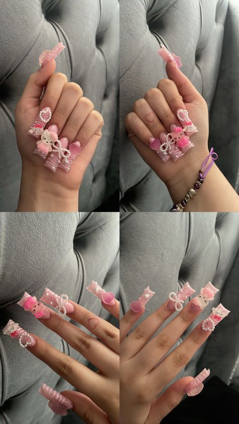 Duck Nails Acrylic Valentines, Pink Hello Kitty Duck Nails, Kawaii Acrylic Nails Hello Kitty, Duck Nails Acrylic Hello Kitty, Cardi B Duck Nails, Duck Nails Junk Nail, Charm Duck Nails, Slight Duck Nails, Kawaii Duck Nails