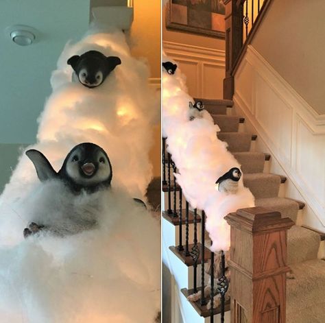 Ditch The Garland And Turn Your Staircase Into A Snowy Penguin Slide Christmas Banister, Christmas Stairs, Penguin Decor, Christmas Staircase, Staircase Decor, Stair Decor, Christmas Penguin, Xmas Decorations, Christmas Seasons