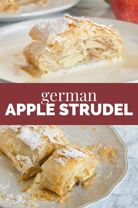 Apple Strudel With Phyllo Dough, German Apple Custard Cake, Plain Desserts, Apple Strudel Puff Pastry, Apfelstrudel Recipe, German Apple Strudel Recipe, German Apple Strudel, German Deserts, Easy Apple Strudel Recipe