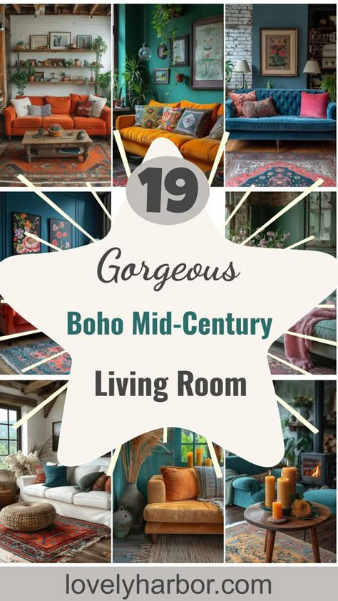 Transform your living space with these stunning boho mid-century modern living room ideas! Achieve a cozy, stylish, and inviting living room that blends bohemian and mid-century modern aesthetics. Use vibrant colors, textured fabrics, and eclectic decor to create a one-of-a-kind interior. Save these ideas and start revamping today! #BohoDecor #MidCenturyModern #LivingRoomInspo #BohoMidCenturyModern Bright Bohemian Living Room, Eclectic Living Room Designs, Luxe Boho Living Room, Bold Boho Living Room, Mid Century Modern Living Room Colorful, Bold Home Design, Eclectic Minimalist Living Room, Mcm Eclectic Living Room, Boho Mcm Living Room