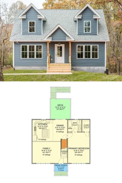 Cape Cod Style Two-Story 3-Bedroom House Plan for a Narrow Lot with Open Concept Living Cape Cod Cottage Plans, Cape Cod Home Additions, Open Concept Cape Cod Floor Plan, Cape Cod House Floor Plans, Small Cape Cod House Plans, Cape Floor Plans, Cap Cod Style Homes Interior Design, Cap Cod Style Homes, Cape Cod Floor Plans