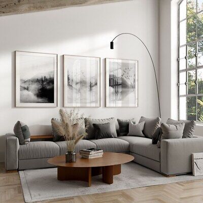 Top Rated Set Of 3 Black & White Watercolour Abstract Mountain Wall Art Home Decor, New Home Decor Modern Living Room With Pop Of Color, Grey Home Decor Living Room, Black Grey Wood Living Room, Light Grey Couch Living Room Modern, Gray And Natural Wood Living Room, Black White And Grey Living Room Modern, Minimalistic Apartment Decor, Living Room Designs Modern Minimalist, Grey Lounge Styling