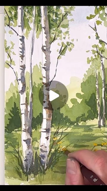 Water Colour Painting Easy Landscape, Displaying Watercolor Paintings, Watercolor Landscapes Easy, Ideas For Watercolor Paintings, Summer Watercolor Paintings Easy, Watercolour Trees Tutorials How To Paint, How To Draw Tree With Watercolor, Watercolor Art Lessons Tutorials, Watercolor Birch Trees Tutorial