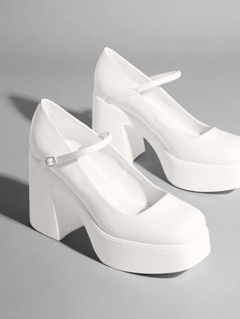 Fancy Sandals Heels, White Heels Chunky, White Heels Aesthetic, Occasional Shoes, White Mary Jane Heels, White Chunky Heels, Kpop Oc, White Mary Jane Shoes, Sandals Shein