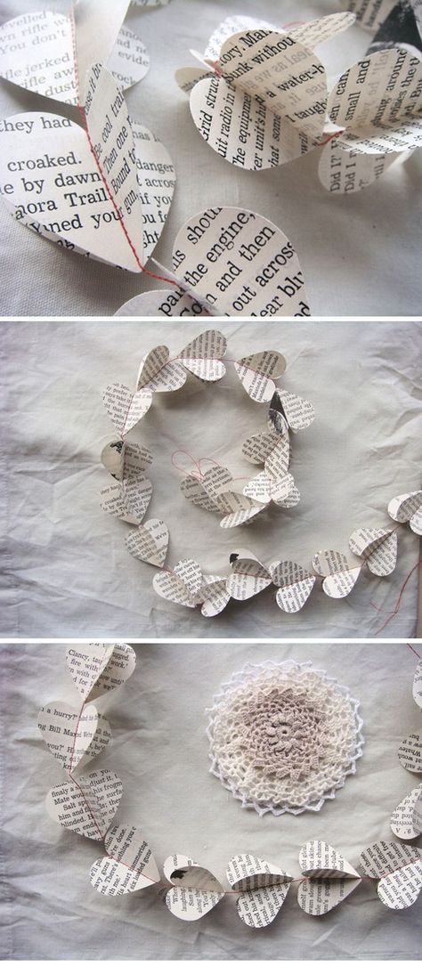 Book page heart garland. This is sweet. Looking to use book pages for some elements. Charity shop / car boot books. Paper Heart Garland, Valentine Garland, Book Page Crafts, Trendy Diy, Heart Garland, Old Book Pages, Paper Heart, Paper Hearts, Fashion Diy