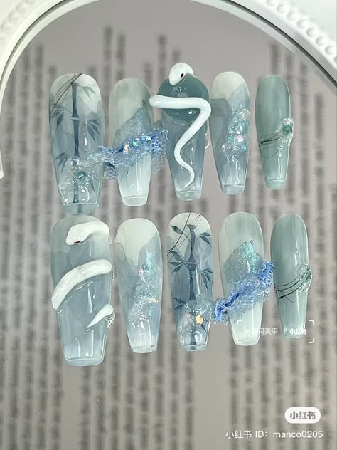 Chinese Nails Aesthetic, Chinese Inspired Nails, Lunar New Year Nails Dragon, Year Of The Dragon Nails, Vietnamese Nails, China Nails Design, Chinese Dragon Nails, Porcelain Nail Art, Japanese Nail Art Designs