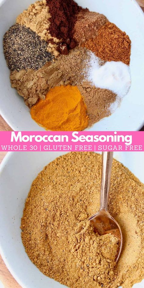 Mix up a batch of Moroccan Seasoning to add a serious burst of flavor to vegetables, rice and meat! This Moroccan spice blend is gluten free, sugar free and whole 30 approved! Try it in this recipe for Moroccan Roasted Chickpea Carrot Bowls or as a delicious seasoning rub on chicken! Moroccan Seasoning Recipe, Moroccan Rice Recipe, Tumeric Seasoning Blend, Mediterranean Spice Blend, Moroccan Spice Blend Recipe, Moroccan Spices Blend, Moroccan Spiced Chicken, Moroccan Roast Chicken, Curry Seasoning Spice Mixes