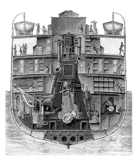 Cross-Section of the steam ship La Champagne, showing the engine rising as high as the main deck while the various levels are peopled with passengers and staff Ship Engine Room, Old Book Illustrations, Steam Ship, Train Drawing, Titanic Ship, Working Boat, Marine Engineering, Engine Room, Rms Titanic