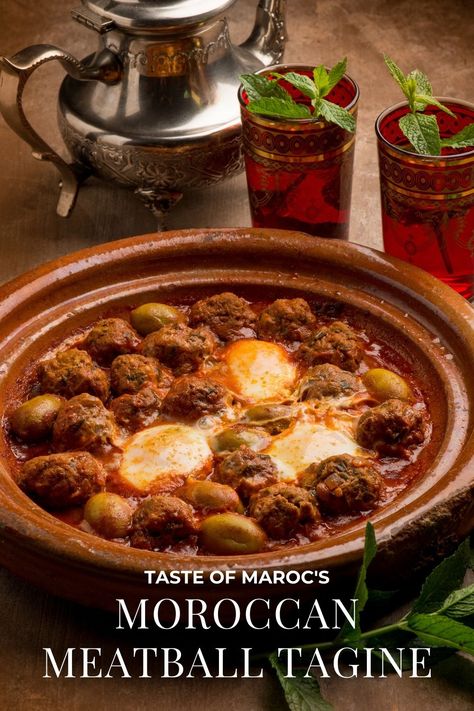 Classic Moroccan Meatball Tagine with Tomato Sauce - Taste of Maroc Moroccan Meals, Meatball Tagine, Moroccan Foods, Marinated Eggplant, Moroccan Tagine Recipes, Lentil Potato, Arabisk Mad, Tajin Recipes, Moroccan Meatballs